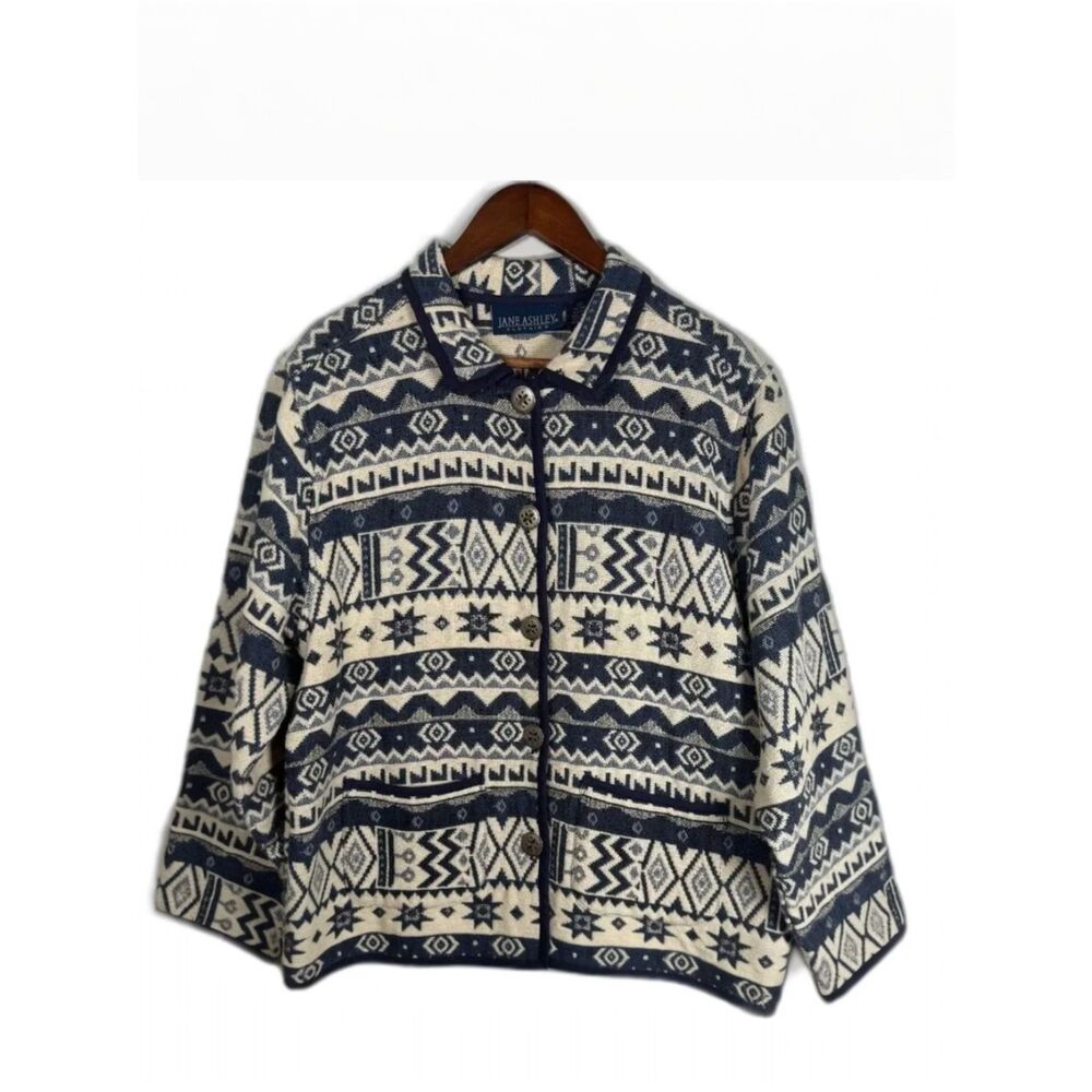 Jane Ashley Canvas Barn Coat Southwest Aztec Tribal Women's Size Large Blue